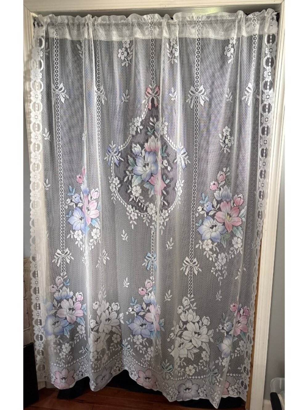 Floral Lace Curtain 60"W x 74"L White Sheer Panel Pastel Flower Design